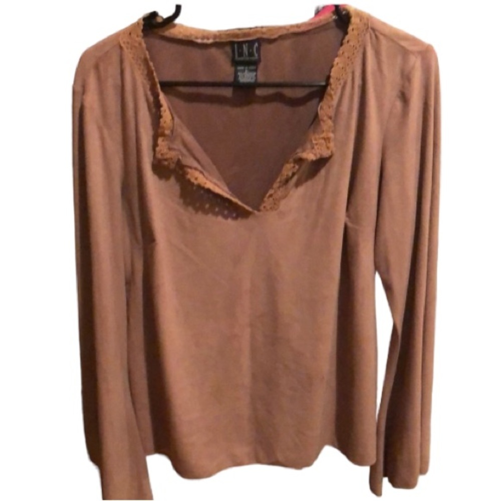 INC International Concepts size XL tan faux suede top with angled bell sleeve
